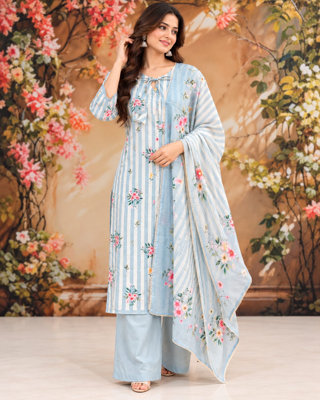 Sky Blue Floral Stripe Kurta Set with Matching Dupatta