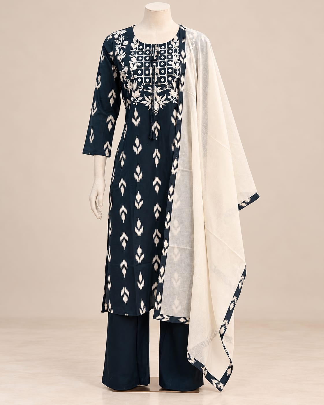Elegant Navy Blue Printed Kurta Set with Ivory Dupatta