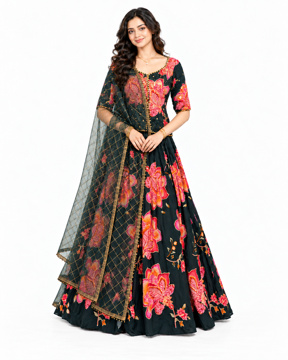 Black Floral Lehenga Choli Set with Green Lattice Dupatta