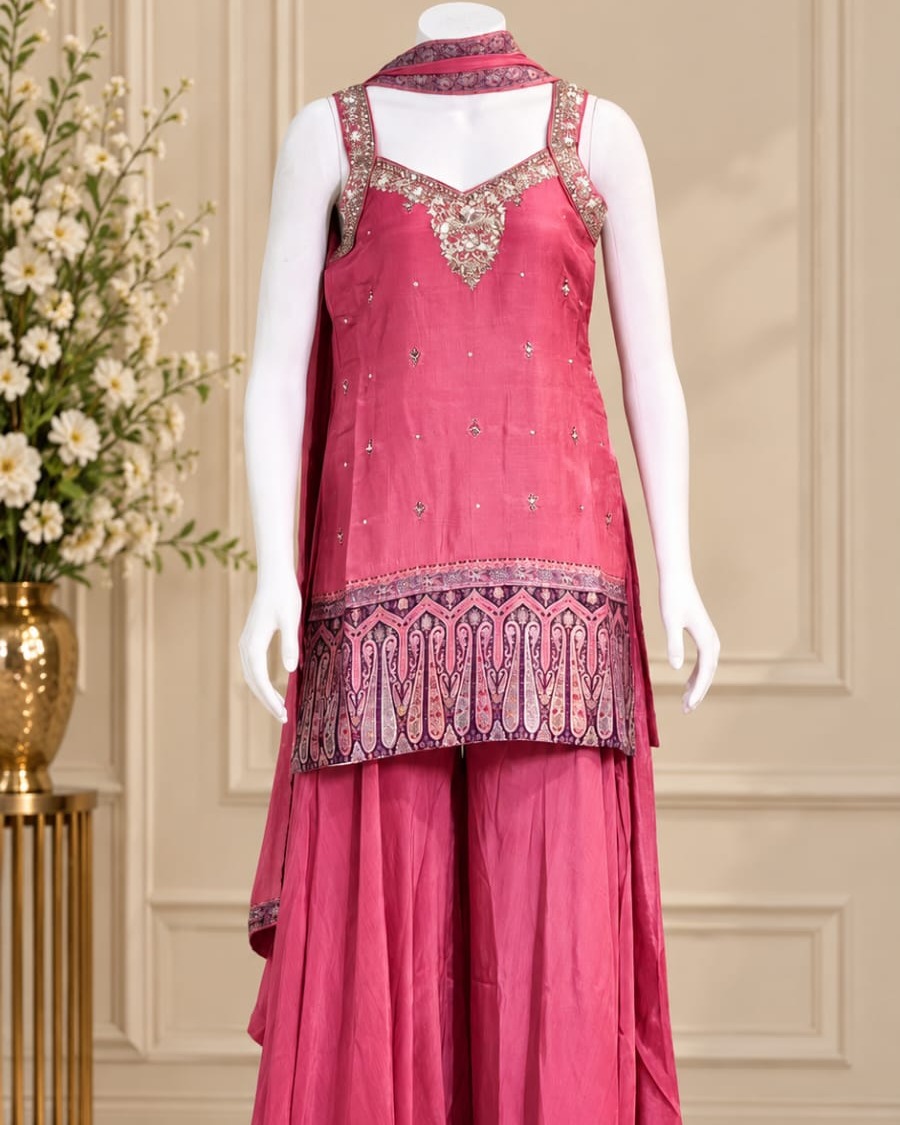 Rose Pink Embroidered Tunic and Palazzo Set with Dupatta