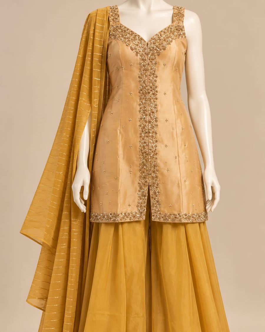 Mustard Yellow Sharara Suit Set with Gold Embroidered Kurta