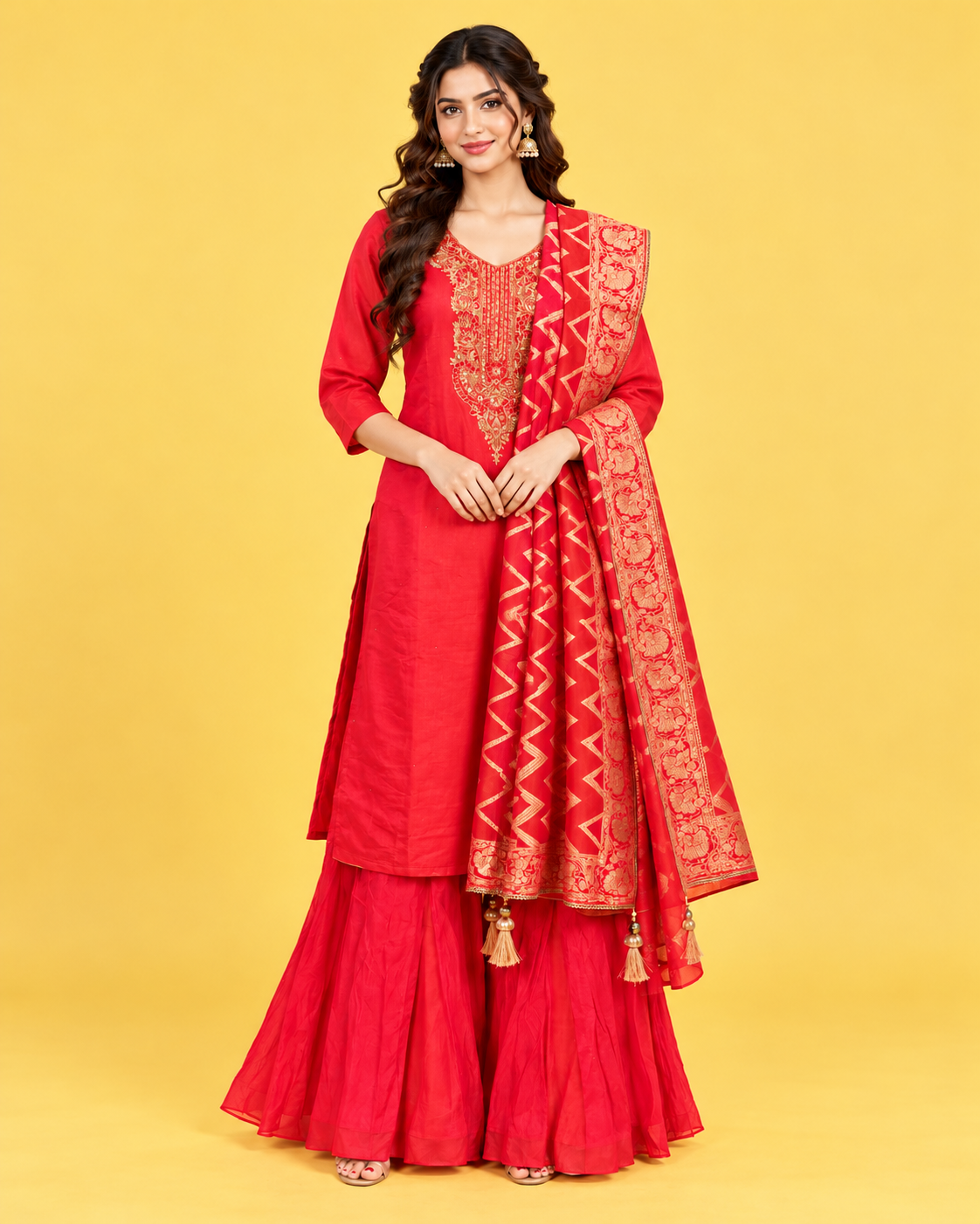 Red Embroidered Kurta Sharara Set with Designer Dupatta