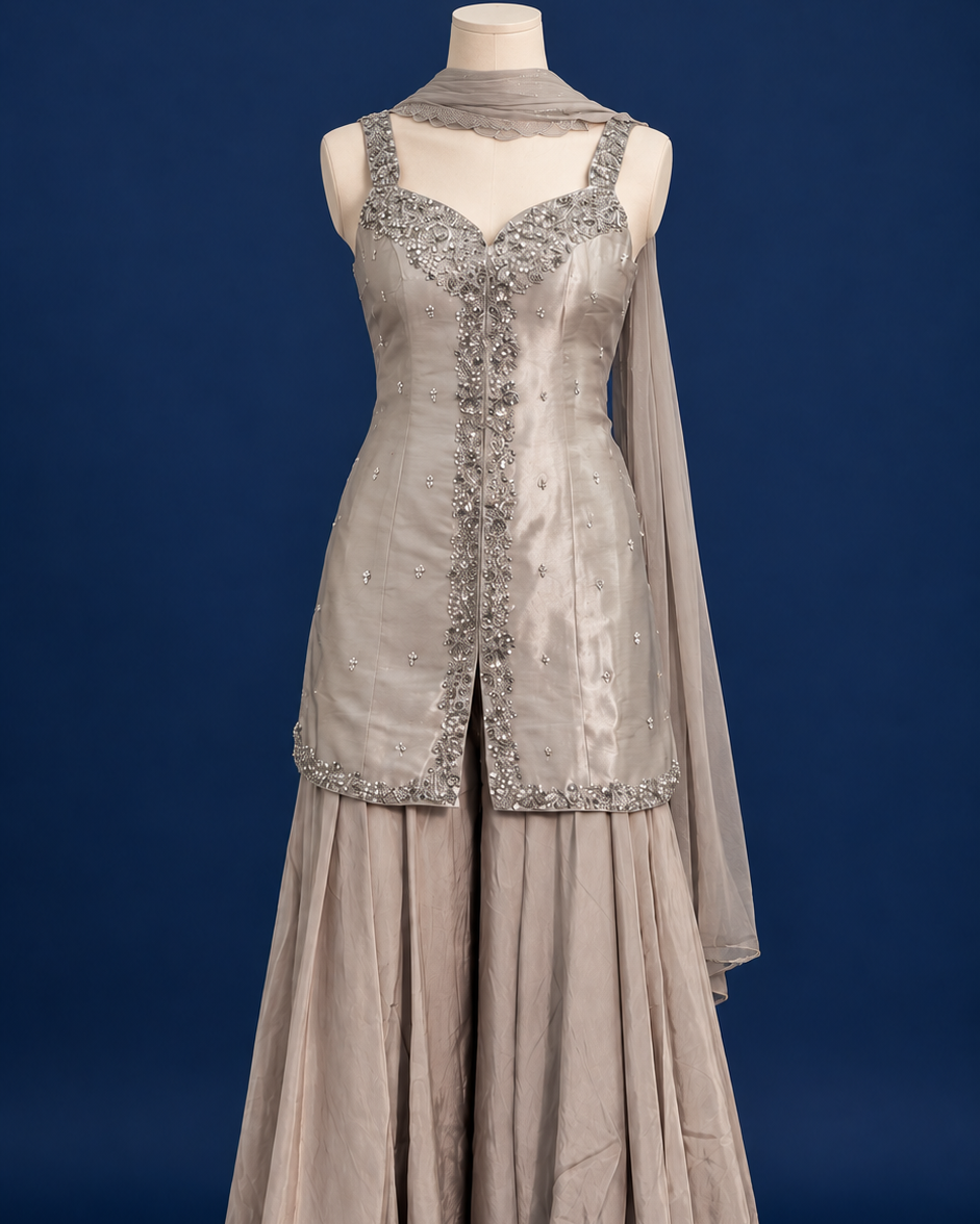Silver Grey Embellished Tunic with Palazzo Trousers and Dupatta