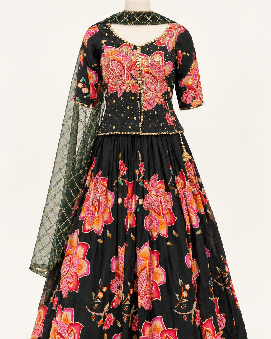 Black Floral Lehenga Choli Set with Green Lattice Dupatta
