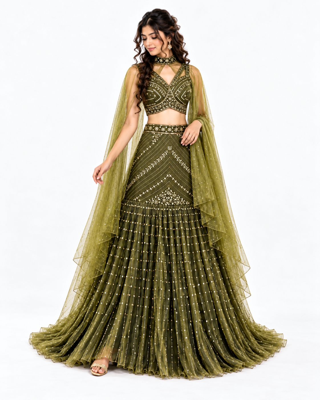 Embroidered Mermaid Lehenga Set with Sheer Dupatta