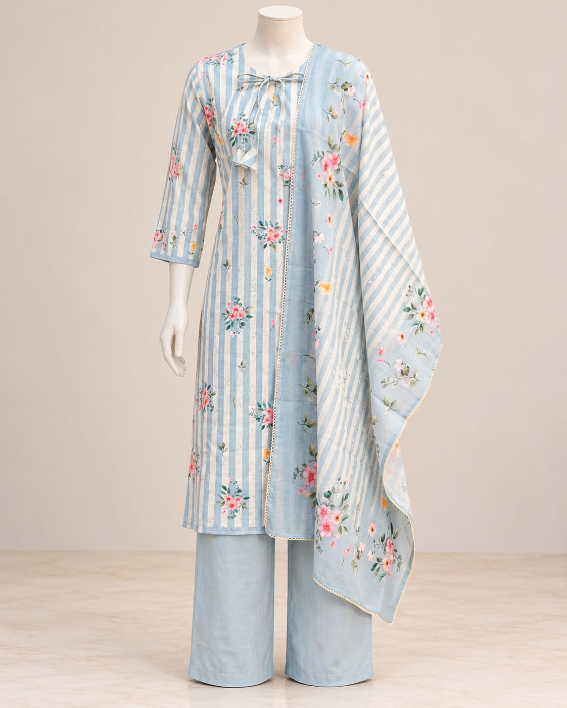 Sky Blue Floral Stripe Kurta Set with Matching Dupatta