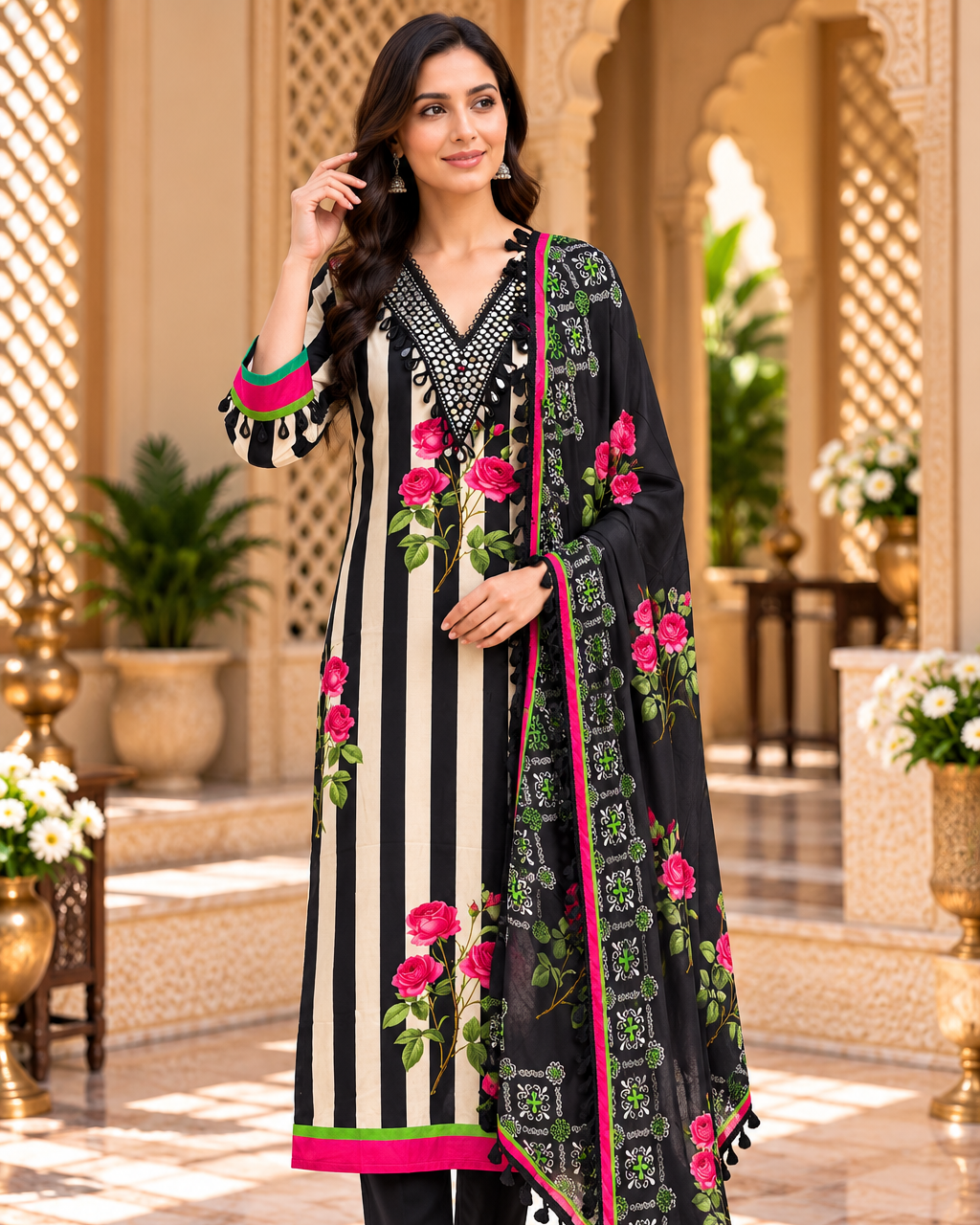 Black & Cream Floral Pakistani Suit