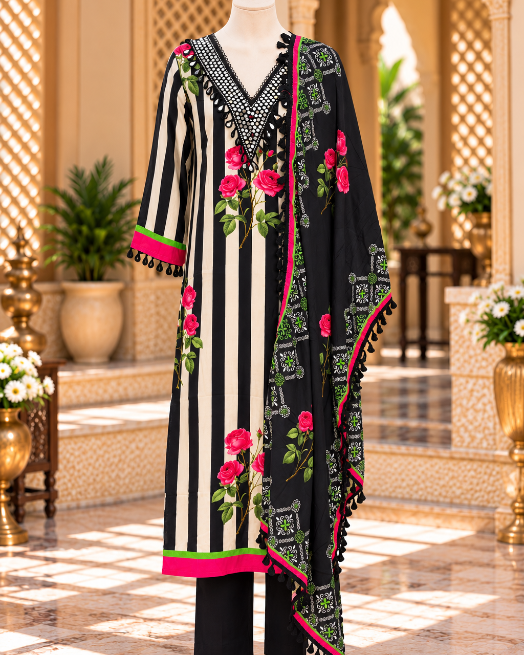Black & Cream Floral Pakistani Suit