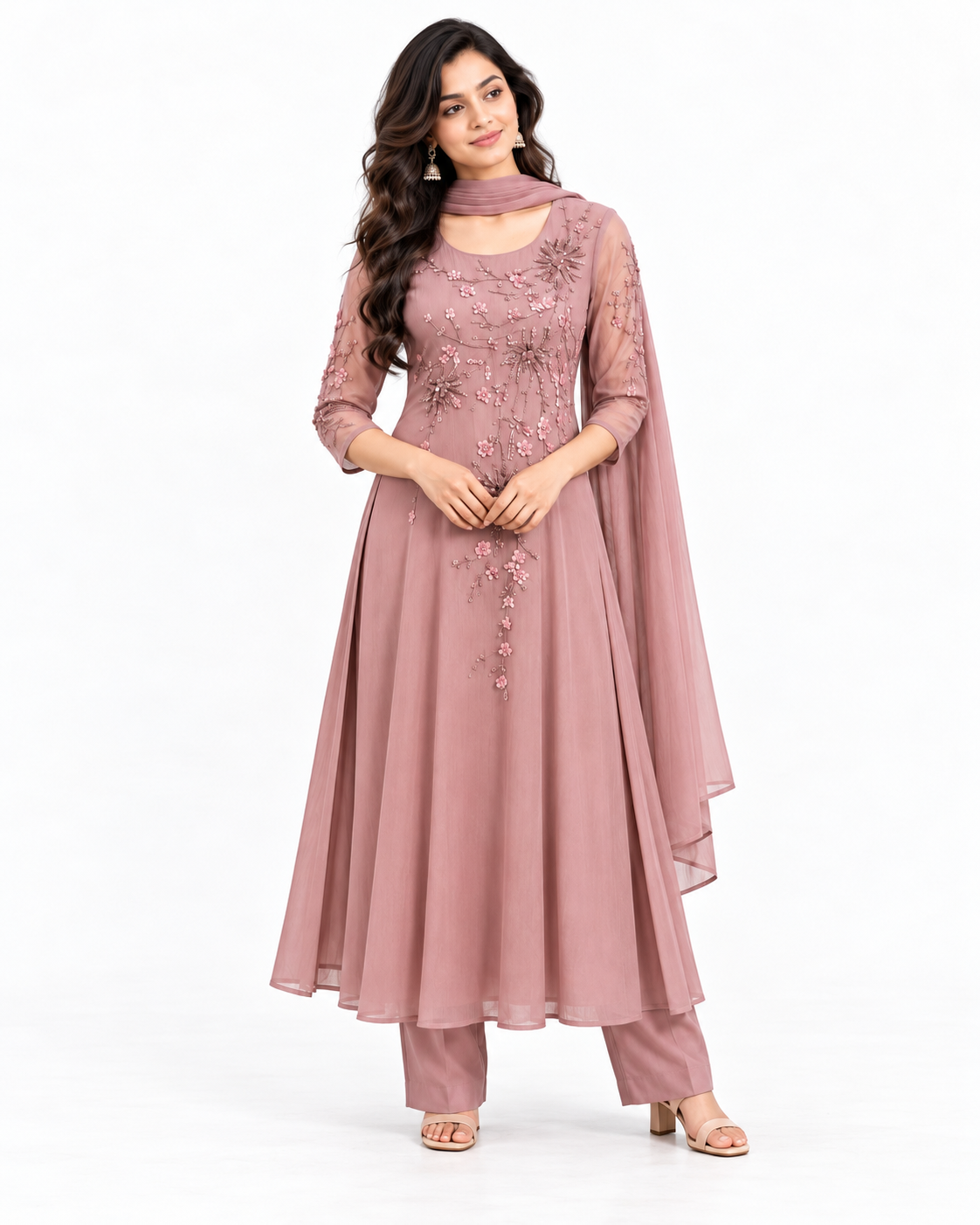 Dausty Rose Anarkali Suit Set with Floral Embroidery and Dupatta