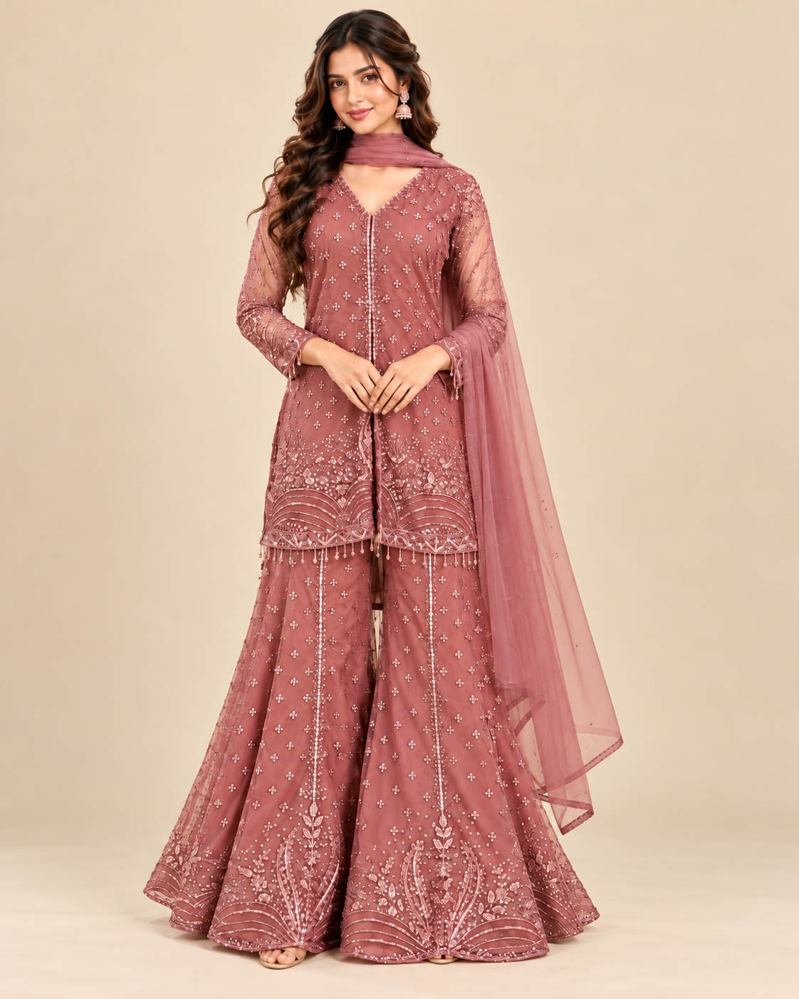 Dusty Mauve Embroidered Sharara Suit Set with Matching Dupatta