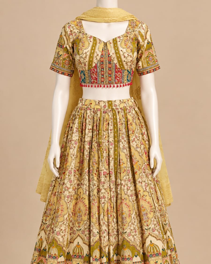 Cream Printed Lehenga Choli Set with Dupatta
