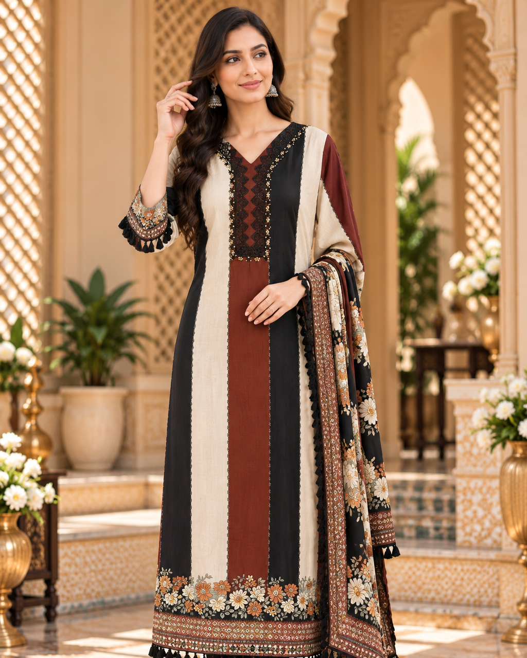 Coffee Brown, Black & Cream Pakistani Suit