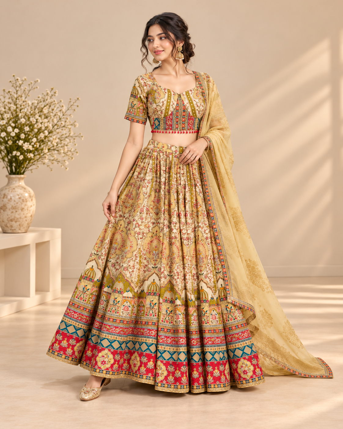 Cream Printed Lehenga Choli Set with Dupatta
