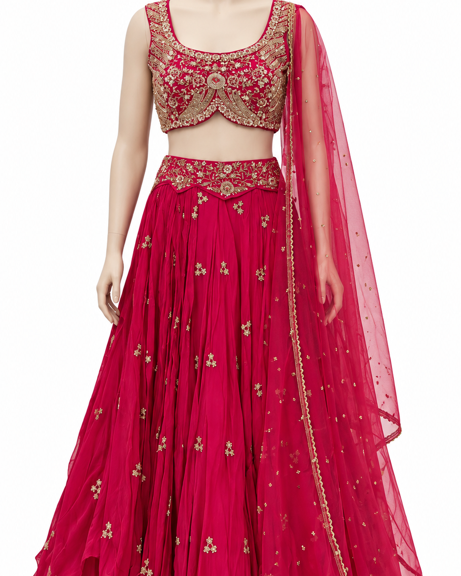 Elegant Rani Pink Bridal Lehenga Set with Gold Embroidery