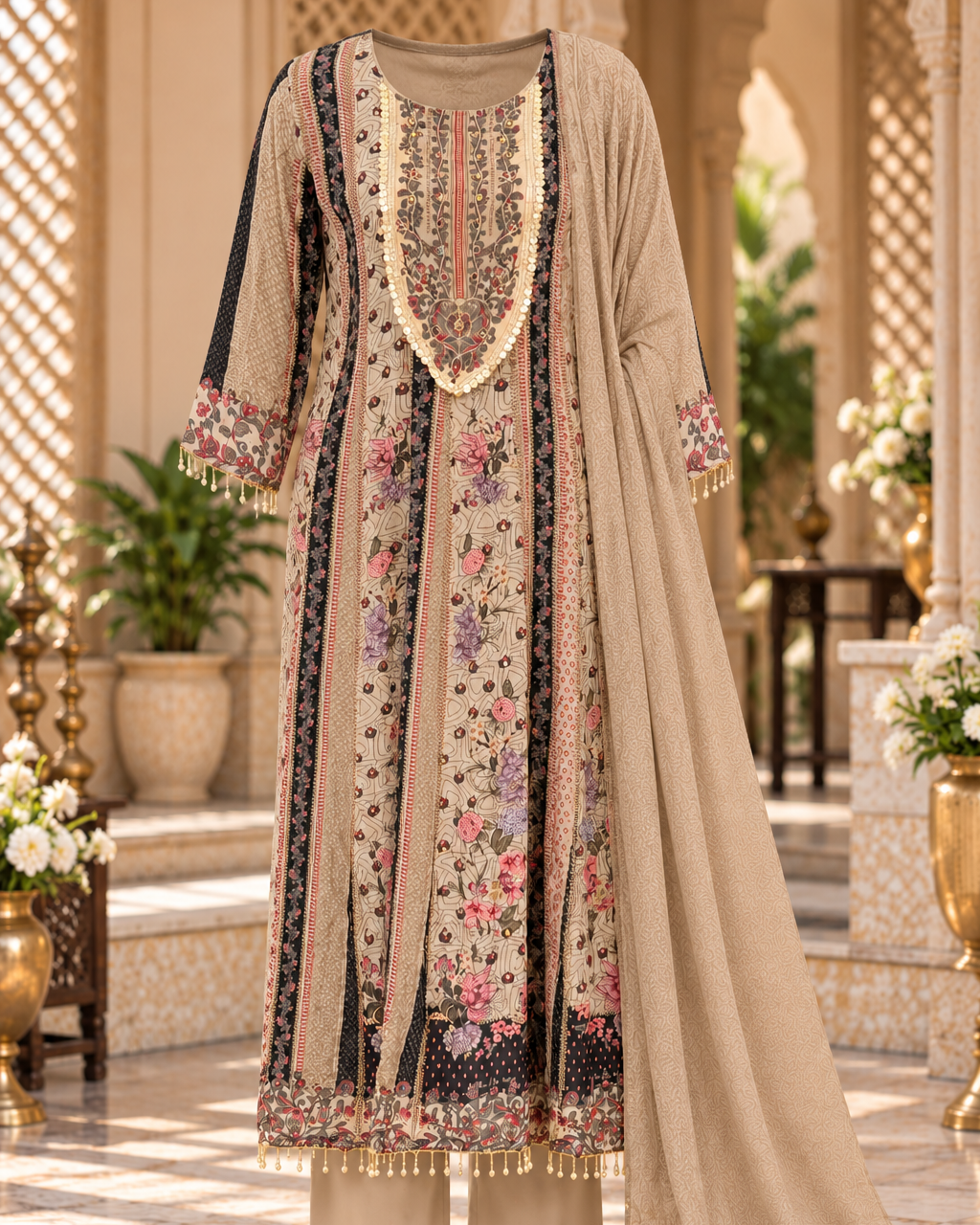 Beige Floral Pakistani Embroidered Suit
