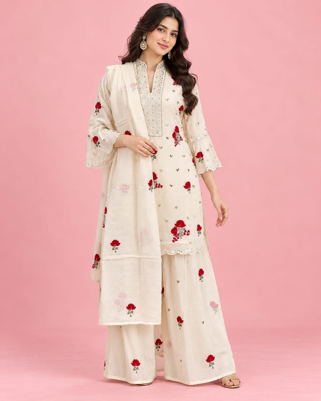 Ivory Rose-Embroidered Kurta Set with Matching Dupatta