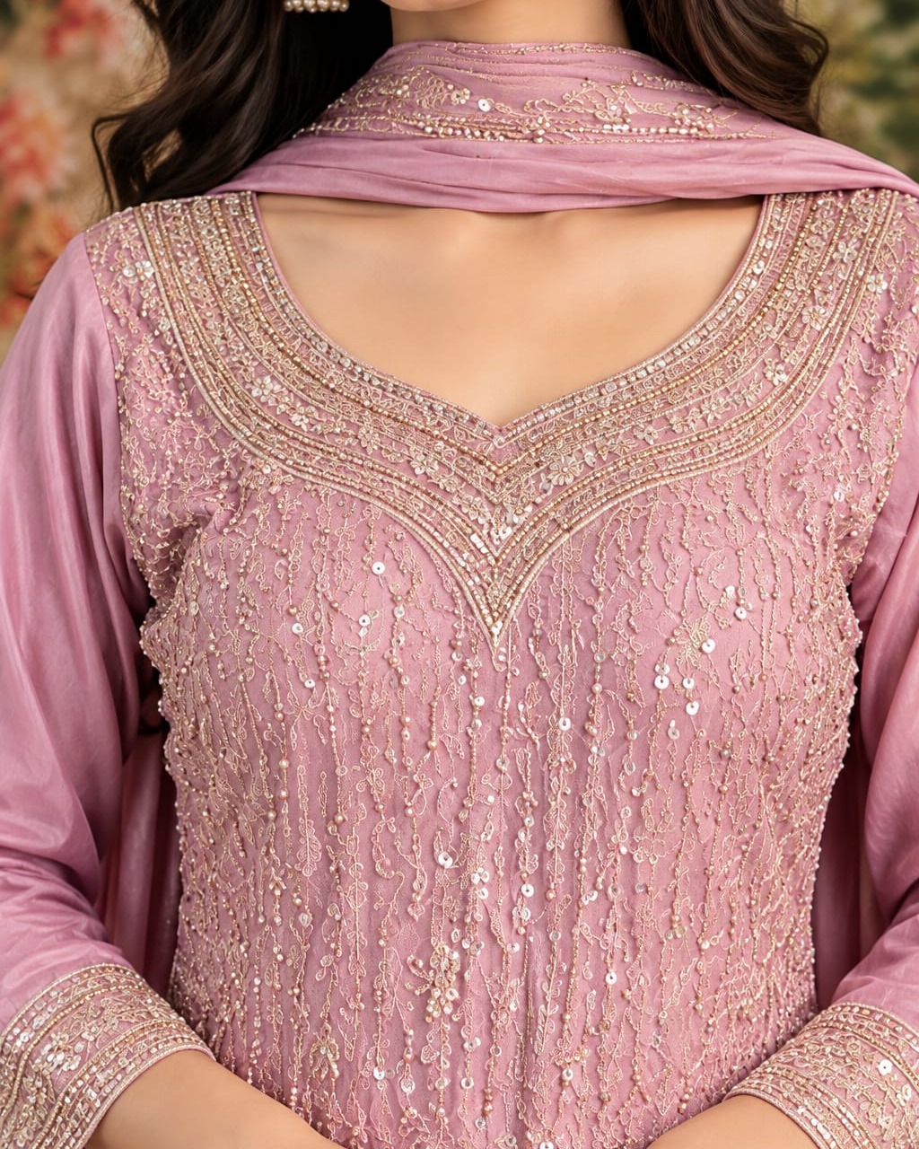 Dusty Pink Embroidered Sharara Suit Set with Matching Dupatta