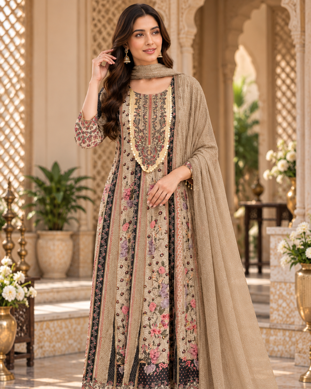 Beige Floral Pakistani Embroidered Suit