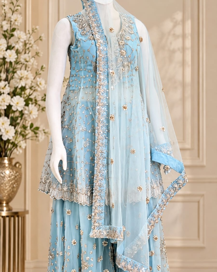 sky Blue Embroidered Sharara Set with Dupatta