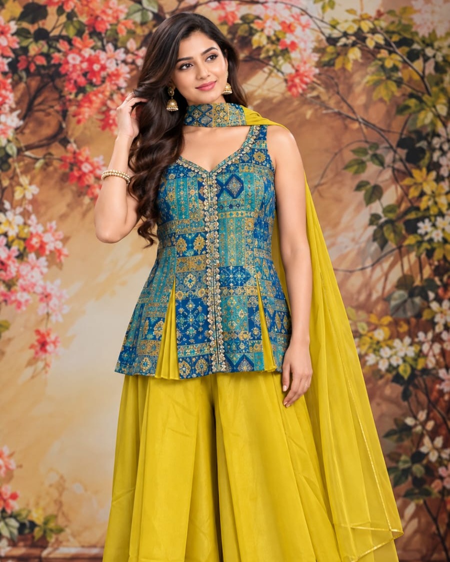 Teal Blue Printed Top and Mustard Yellow Palazzo Set with Dupatta