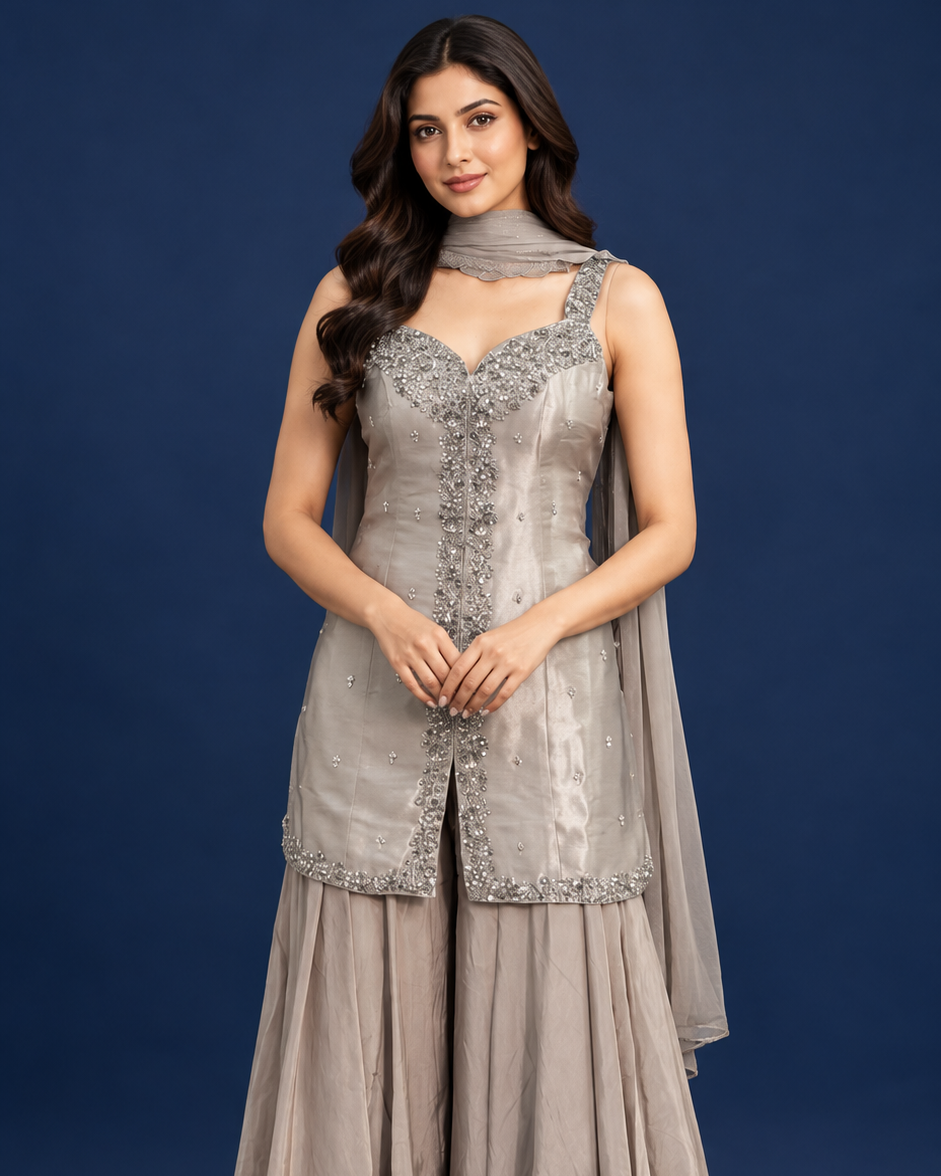 Silver Grey Embellished Tunic with Palazzo Trousers and Dupatta