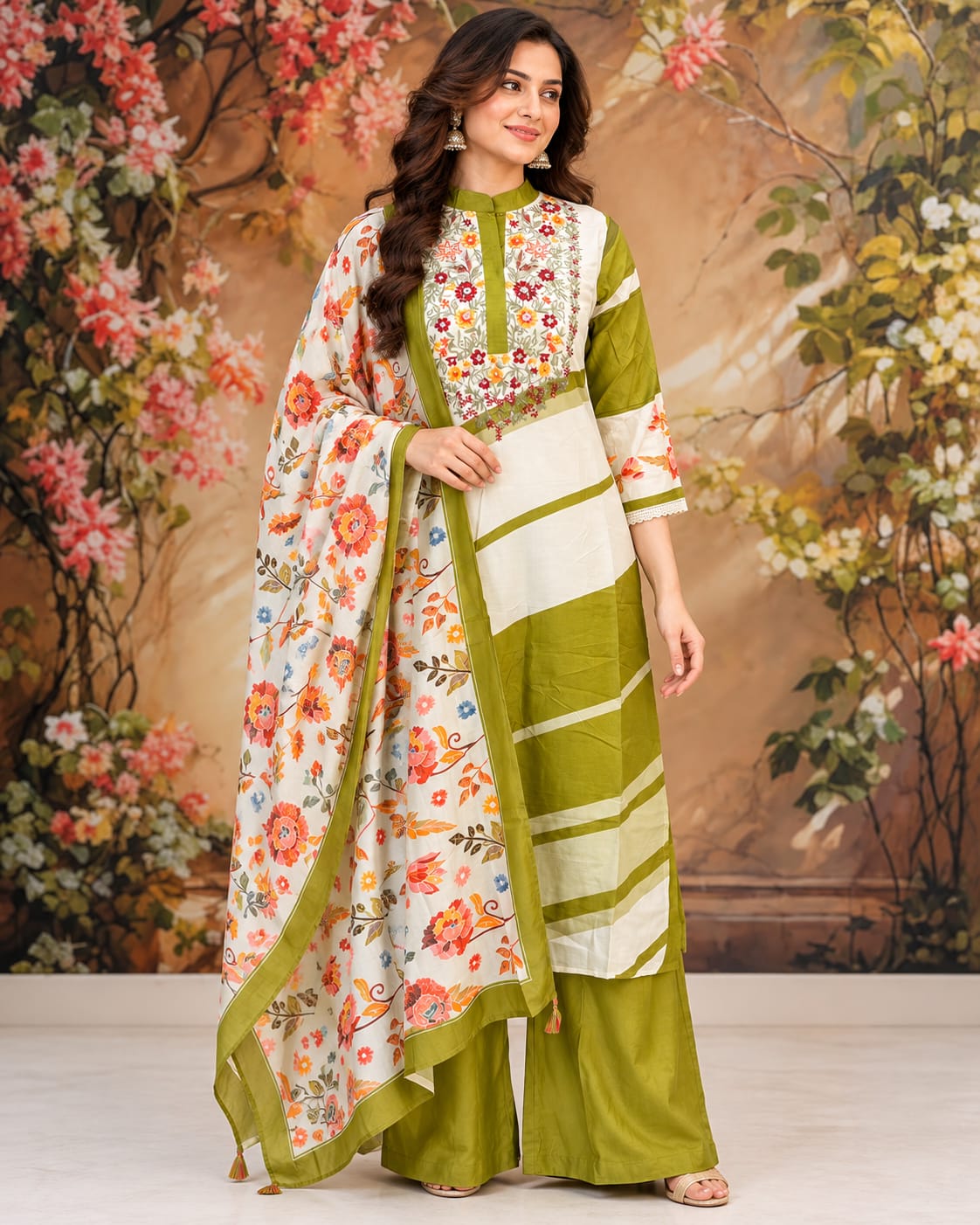 Olive Green Kurta Set with Floral Dupatta