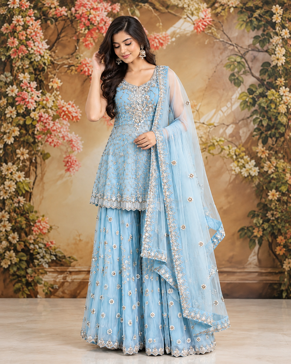 sky Blue Embroidered Sharara Set with Dupatta