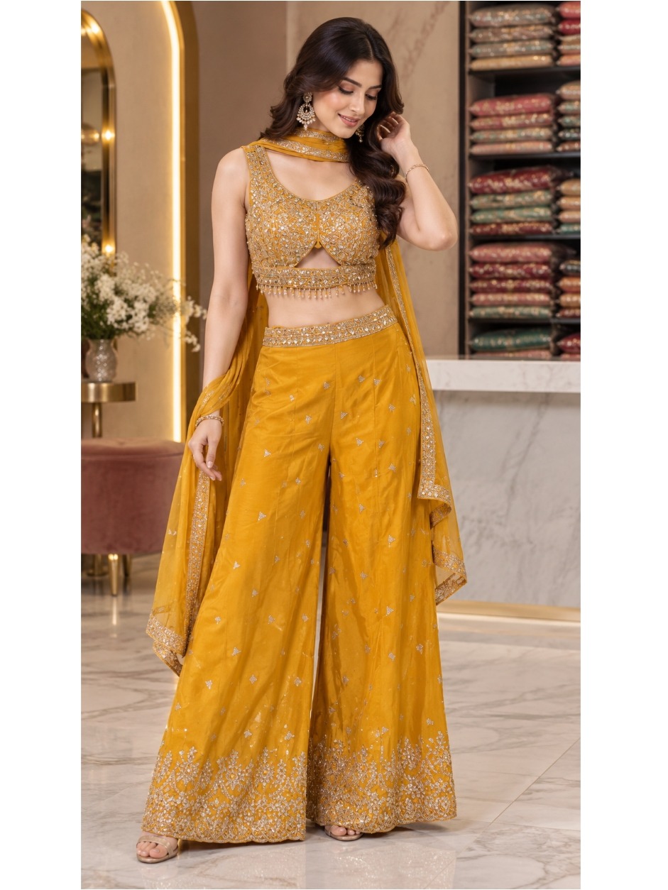Mustard Yellow Embroidered Sharara Set