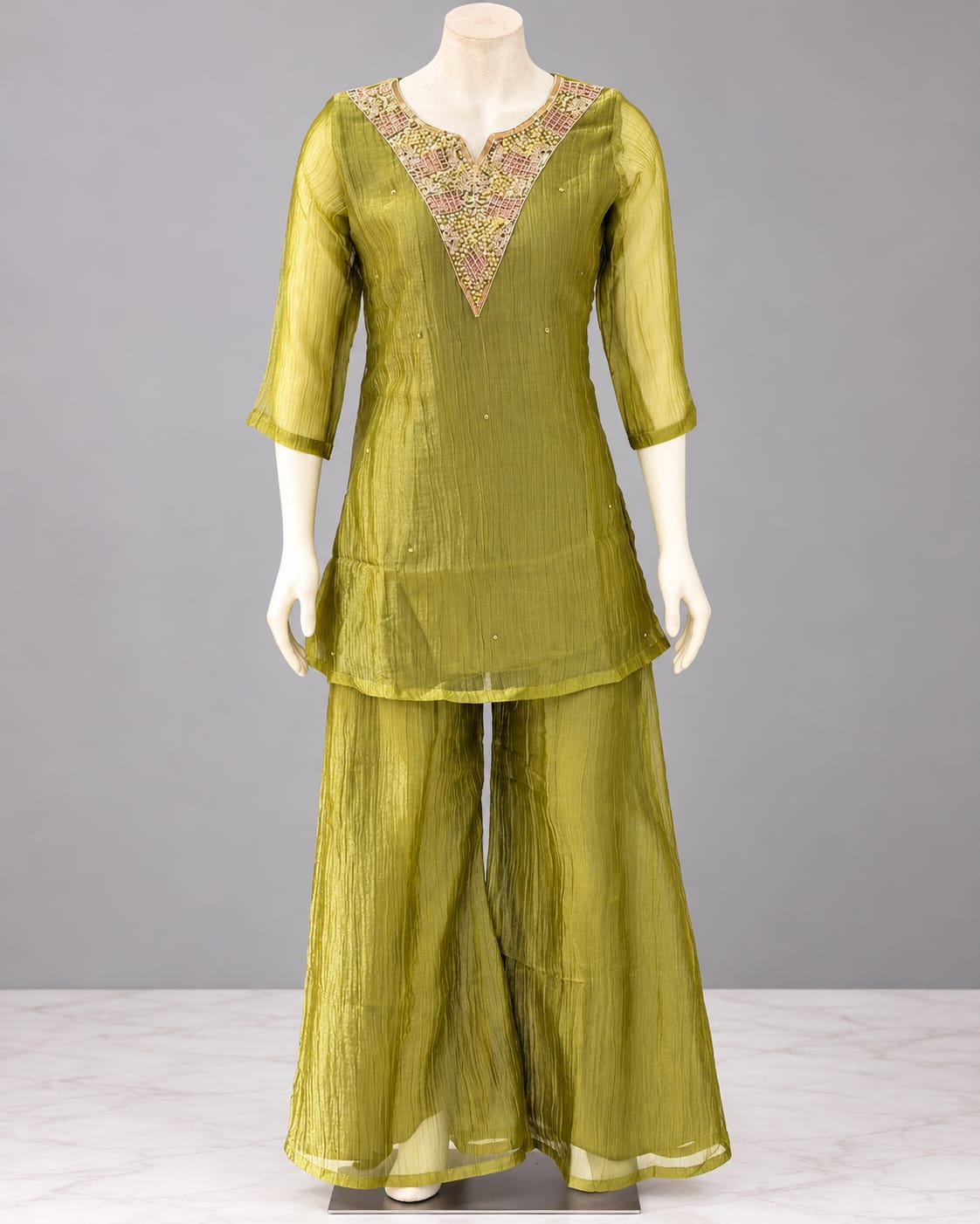 Olive Green Embellished Kurta with Palazzo Pants