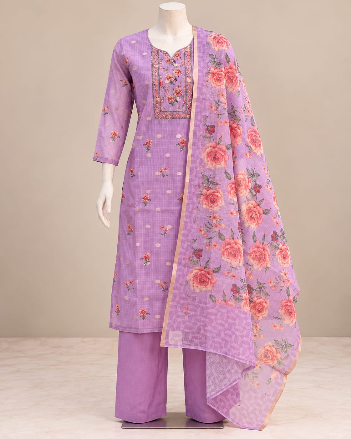 Lavender Floral Kurta Set with Rose-Print Dupatta