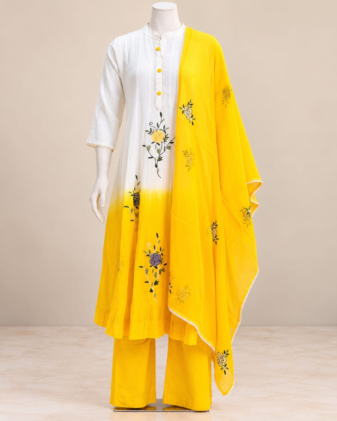 White and Yellow Floral Anarkali Set with Matching Dupatta