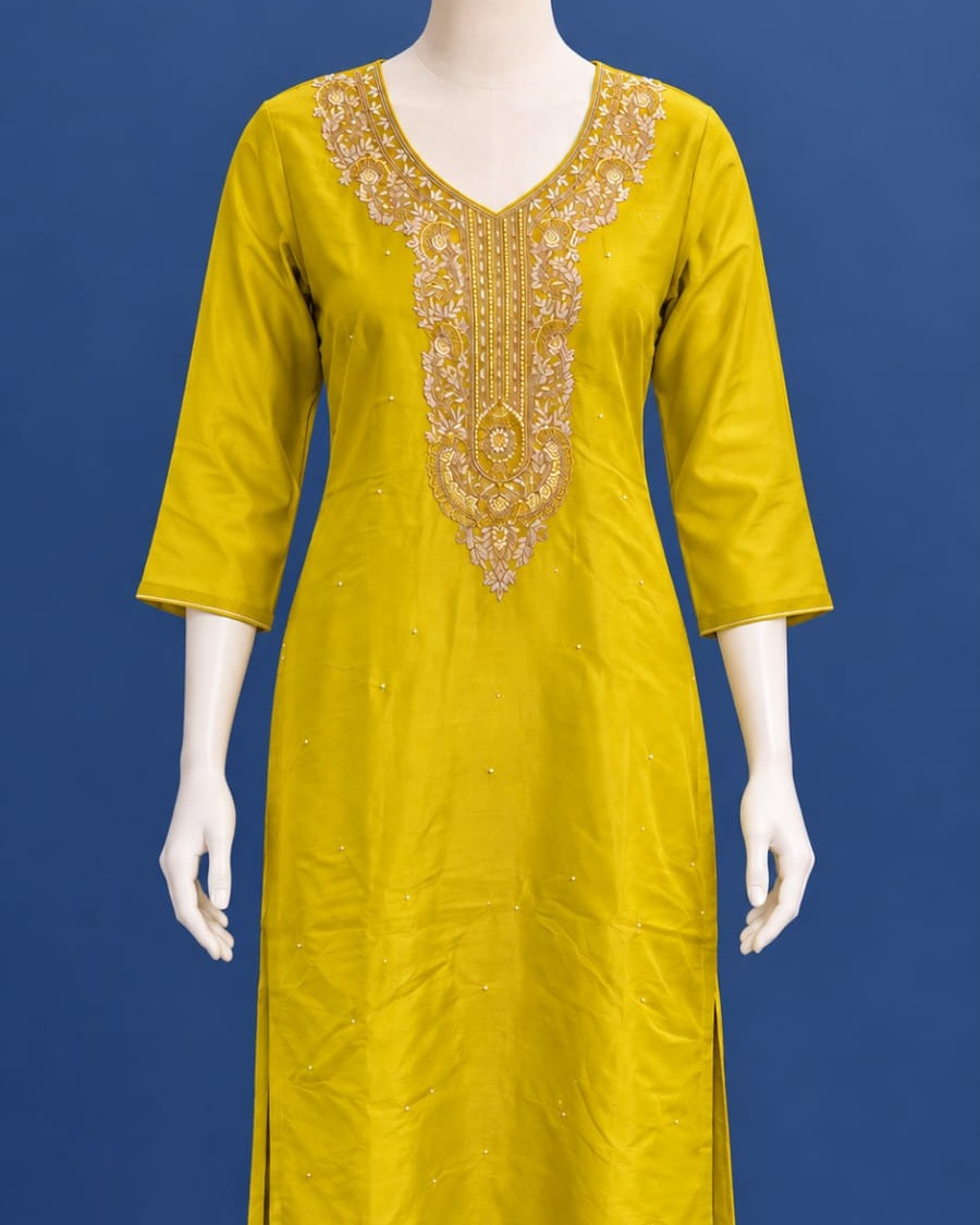 Lime Yellow Embroidered Straight Kurta with Elegant Detailing
