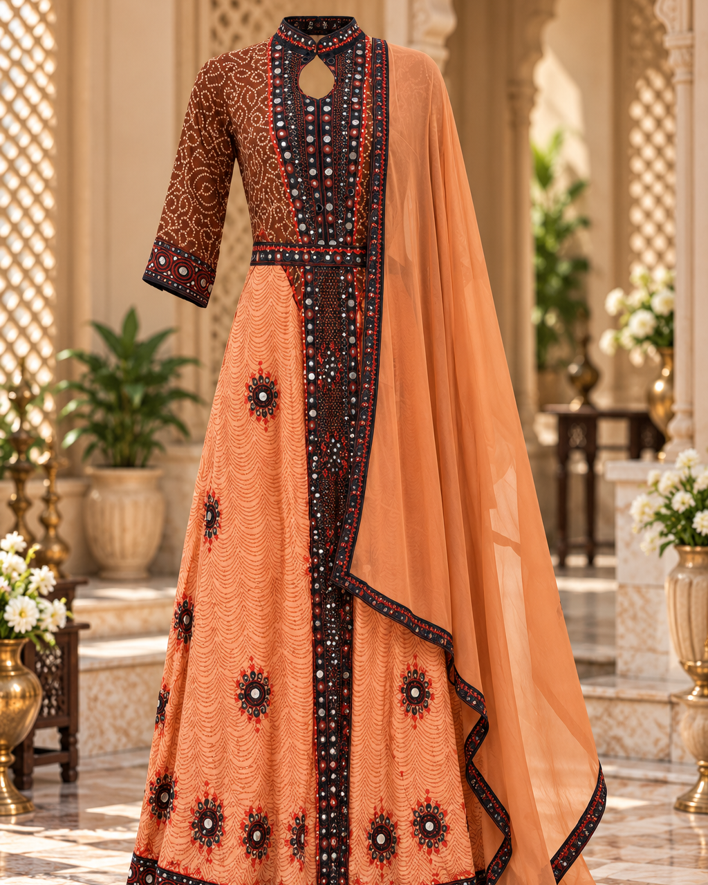 Peach & Black Embroidered Pakistani Gown