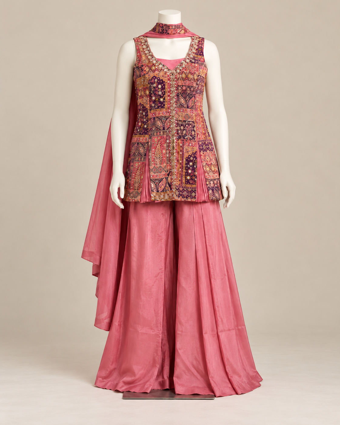 Dusty Rose Palazzo Set with Patchwork Print Tunic and Dupatta