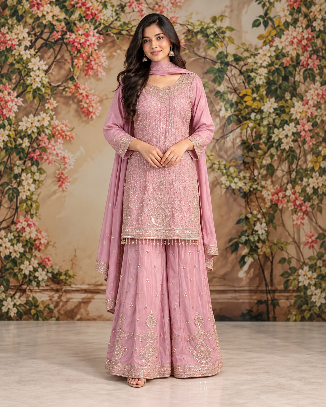 Dusty Pink Embroidered Sharara Suit Set with Matching Dupatta