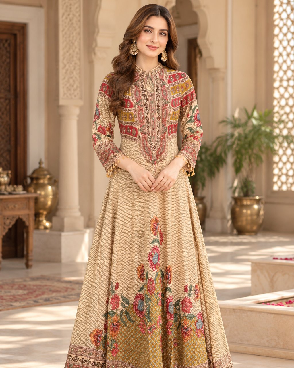 Beige Multicolour Pakistani Gown