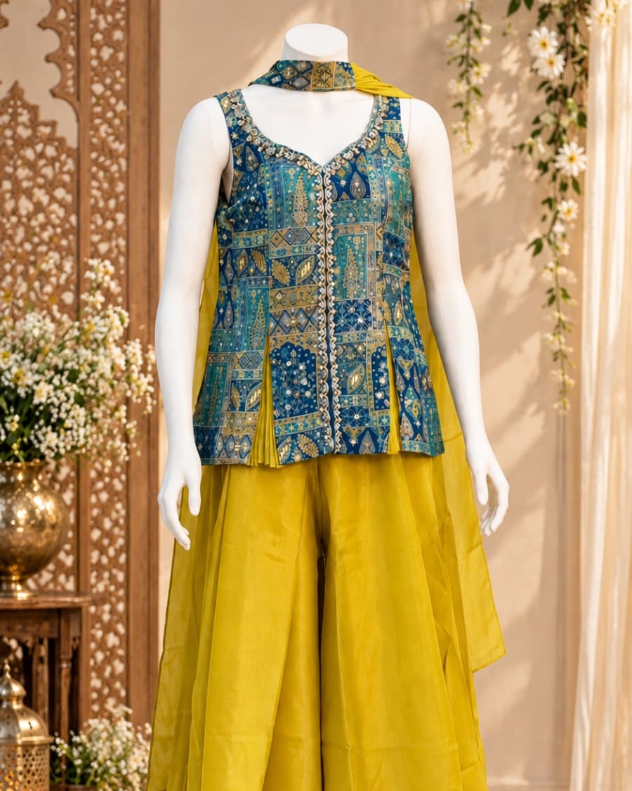 Teal Blue Printed Top and Mustard Yellow Palazzo Set with Dupatta