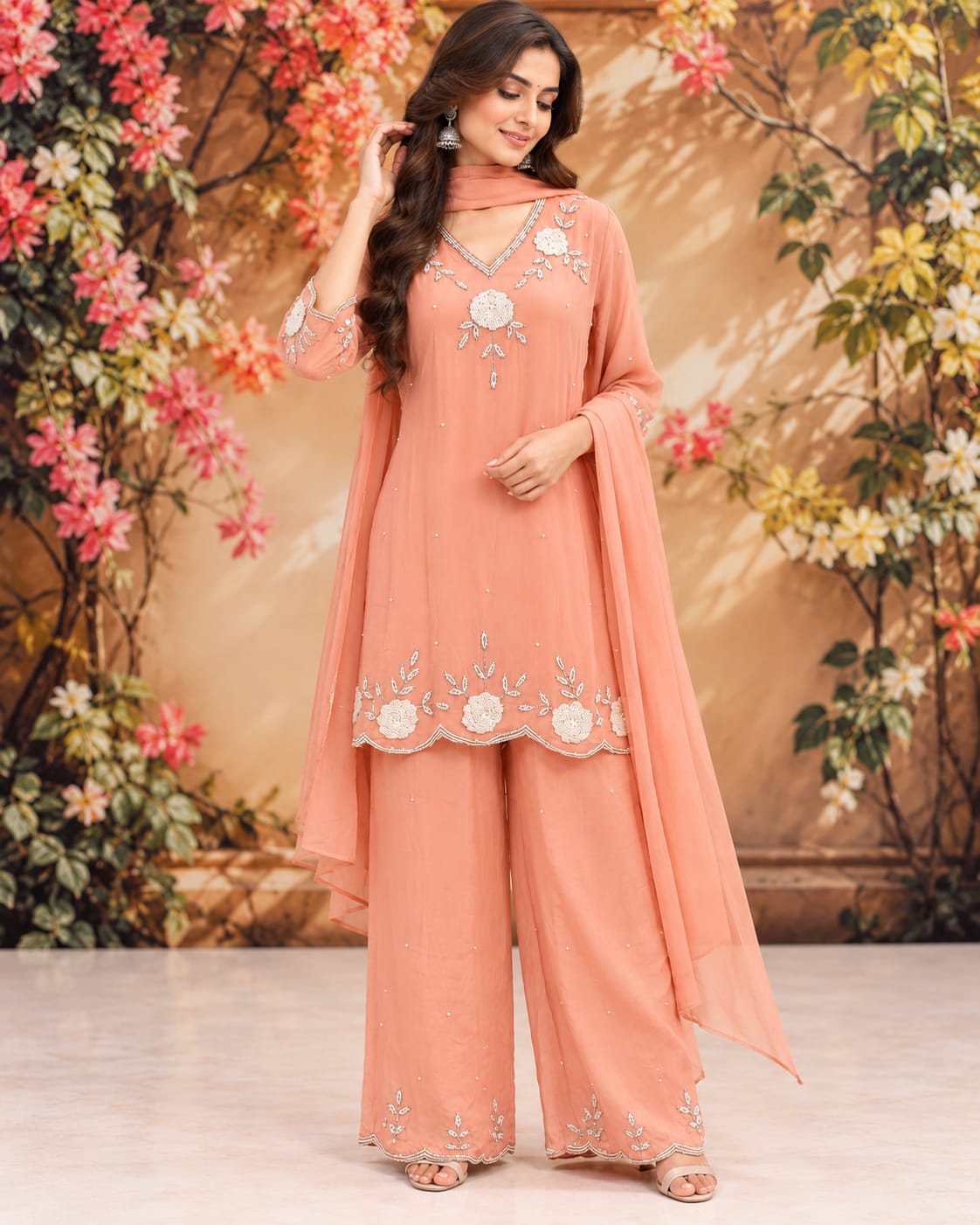 Peach Embroidered Kurta Set with Matching Dupatta