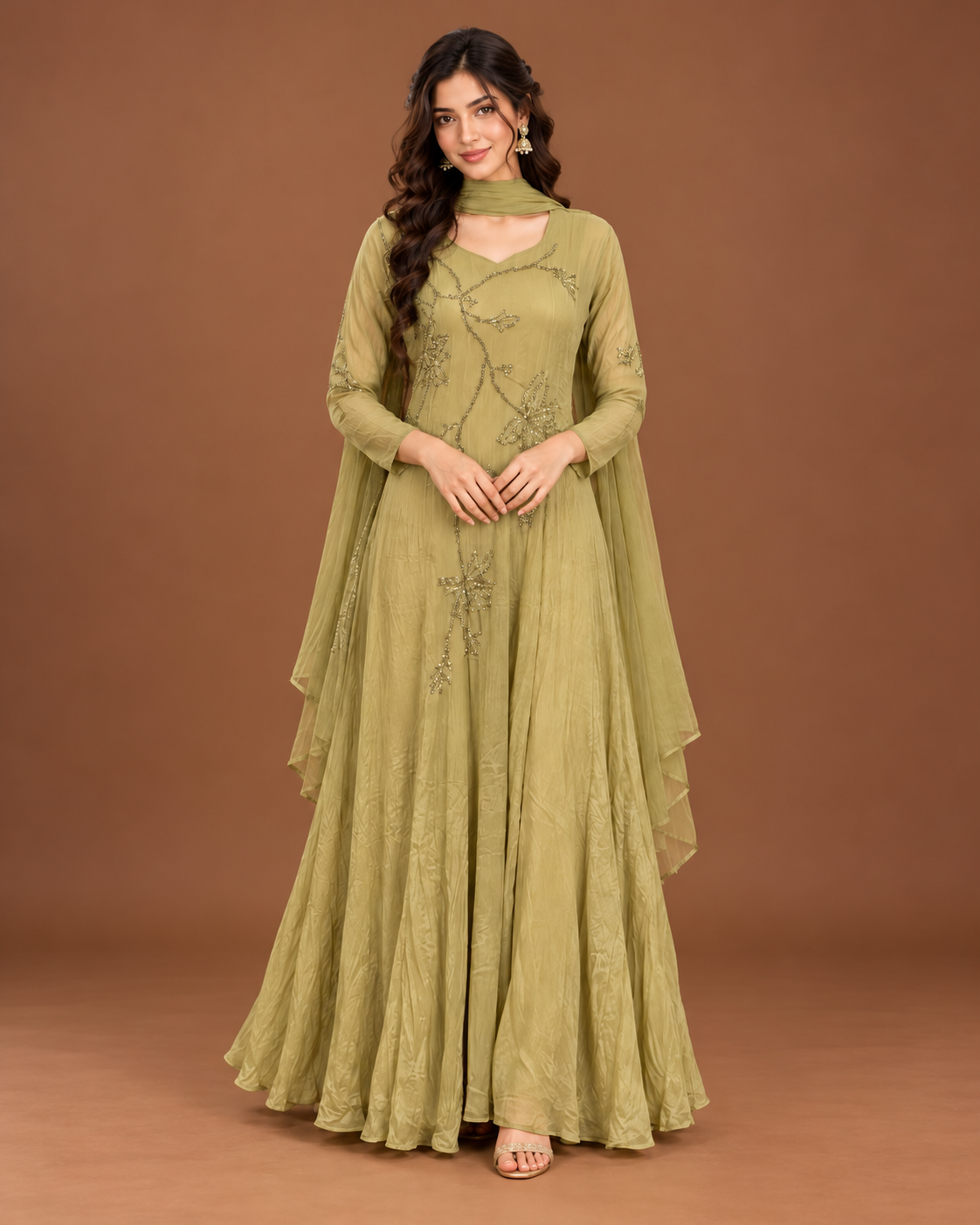 Olive Green Anarkali Suit Set with Floral Embroidery and Dupatta