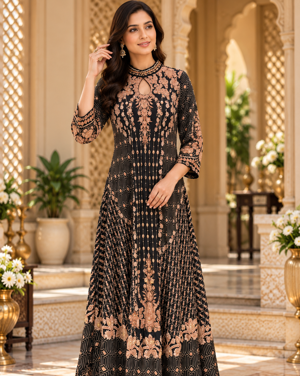 Black Rose Gold Embroidered Pakistani Gown