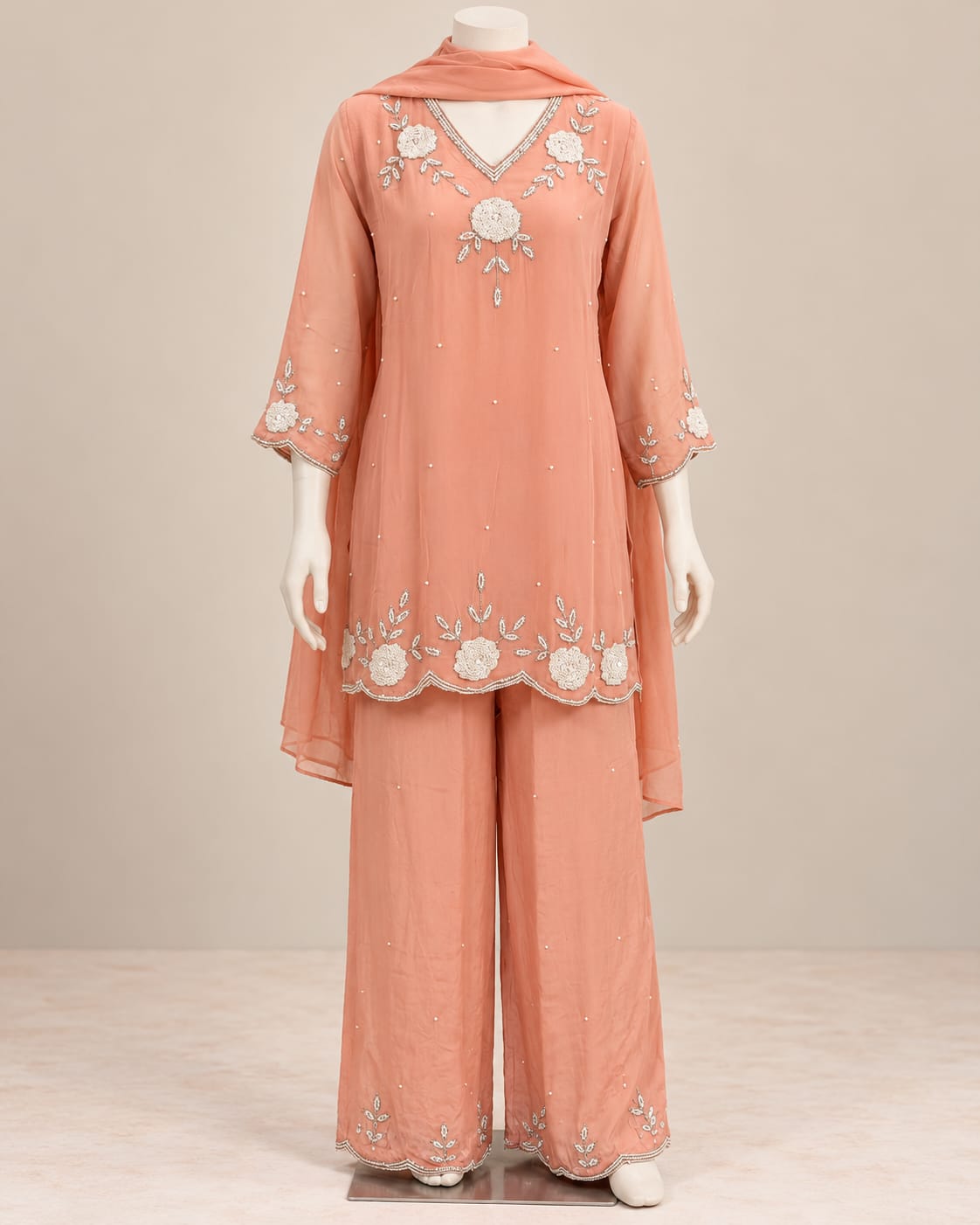 Peach Embroidered Kurta Set with Matching Dupatta