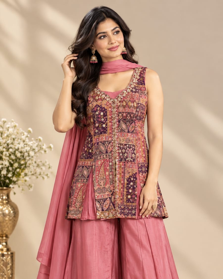 Dusty Rose Palazzo Set with Patchwork Print Tunic and Dupatta