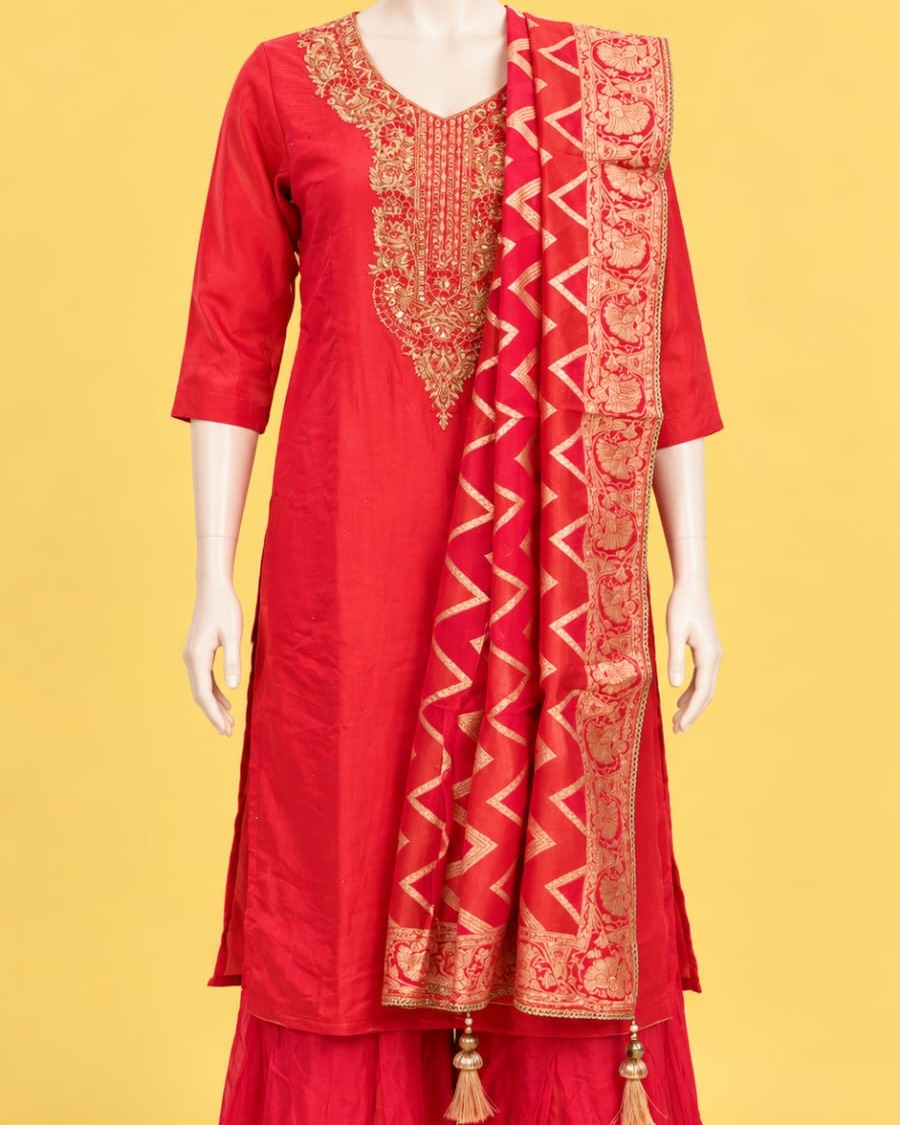 Red Embroidered Kurta Sharara Set with Designer Dupatta