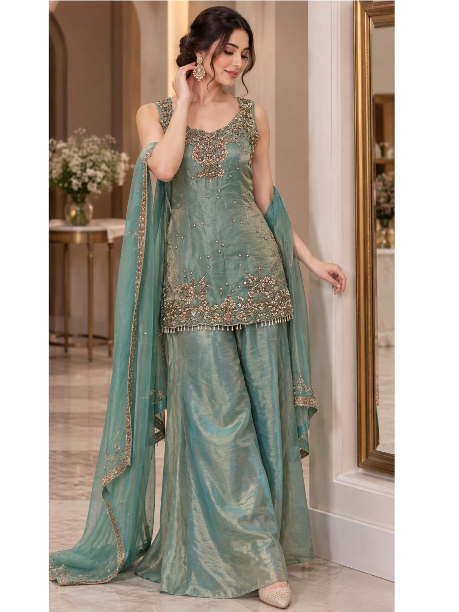 Teal Green Embroidered Palazzo Set
