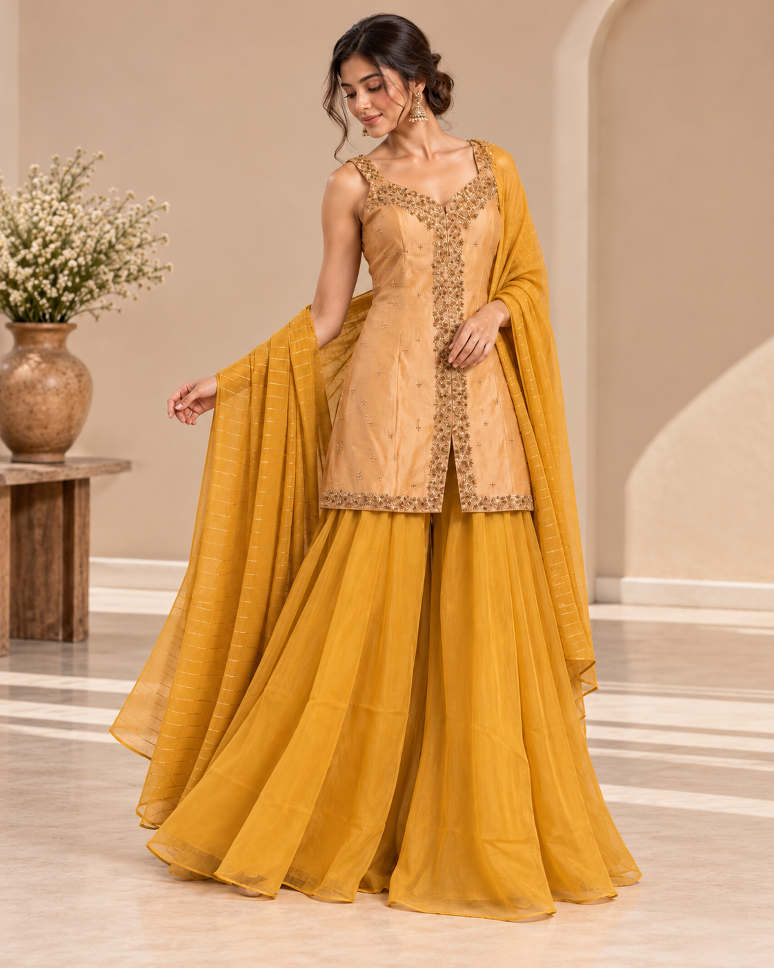 Mustard Yellow Sharara Suit Set with Gold Embroidered Kurta