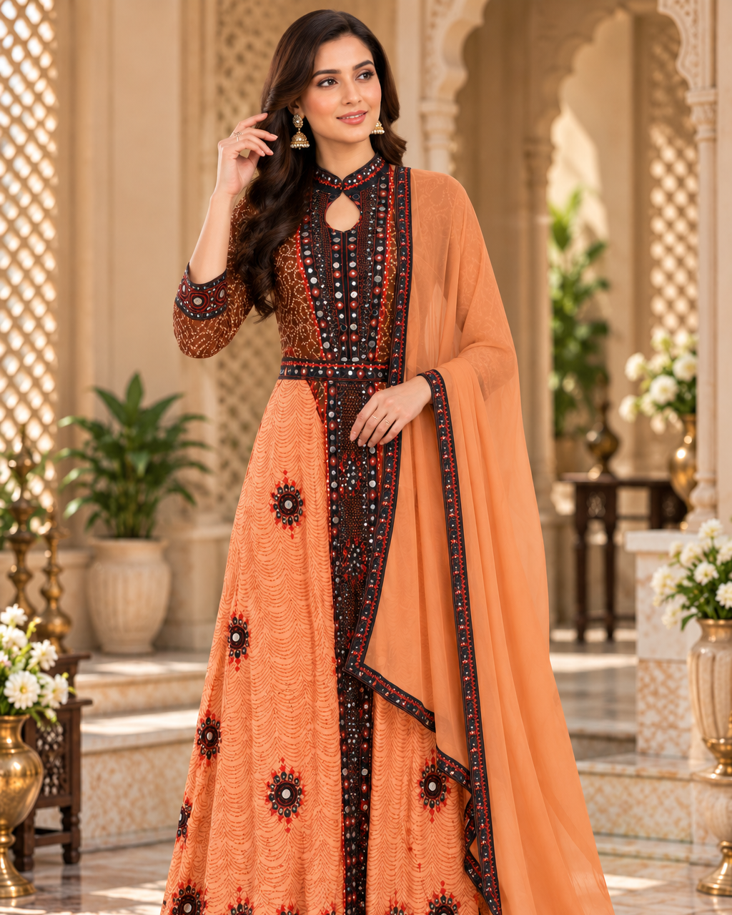 Peach & Black Embroidered Pakistani Gown