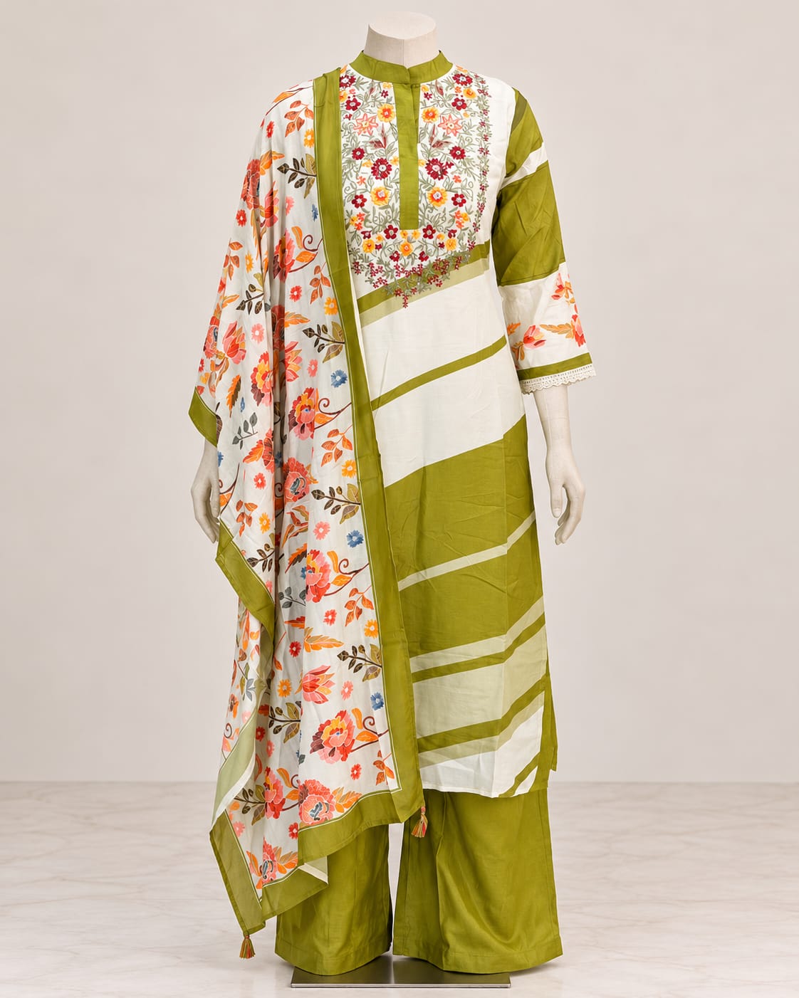 Olive Green Kurta Set with Floral Dupatta