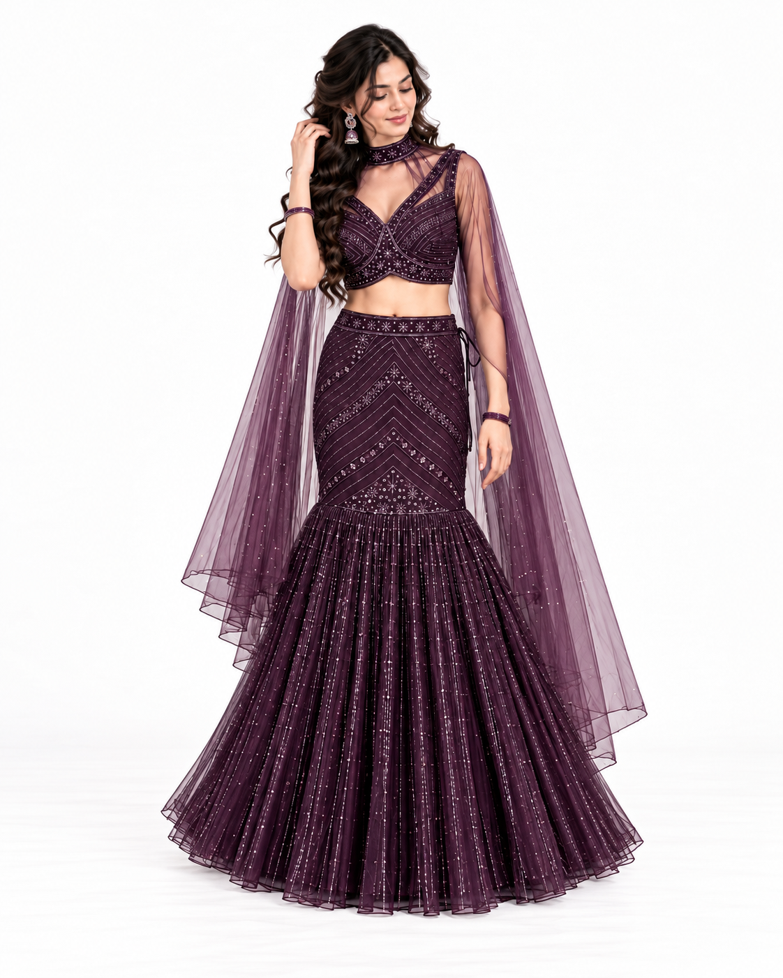 Embroidered Mermaid Lehenga Set with Sheer Dupatta