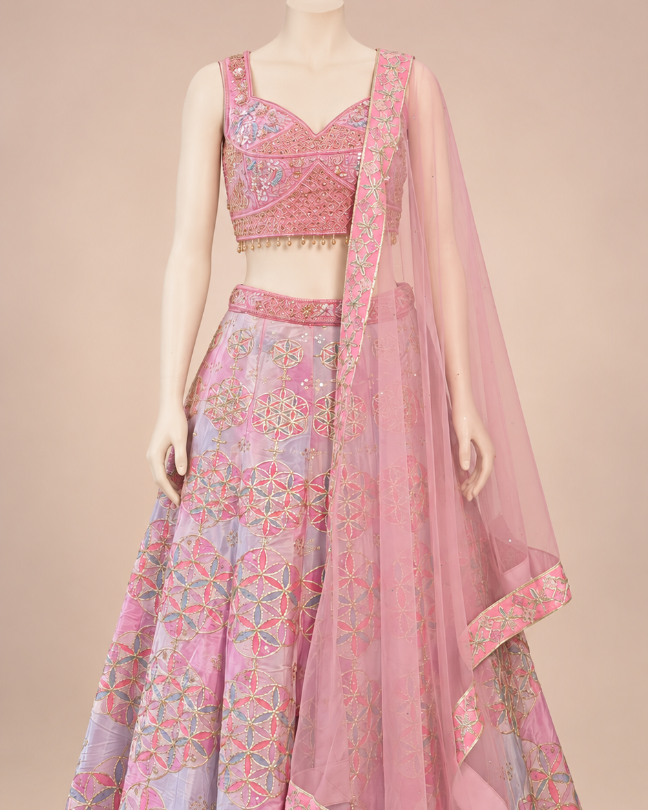 Pink and Lavender Embroidered Lehenga Choli Set with Dupatta