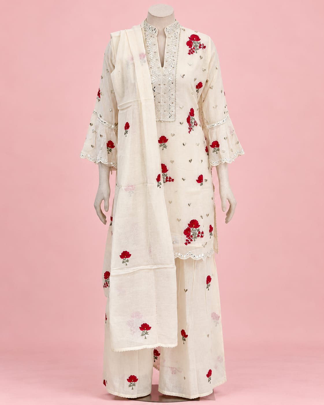 Ivory Rose-Embroidered Kurta Set with Matching Dupatta